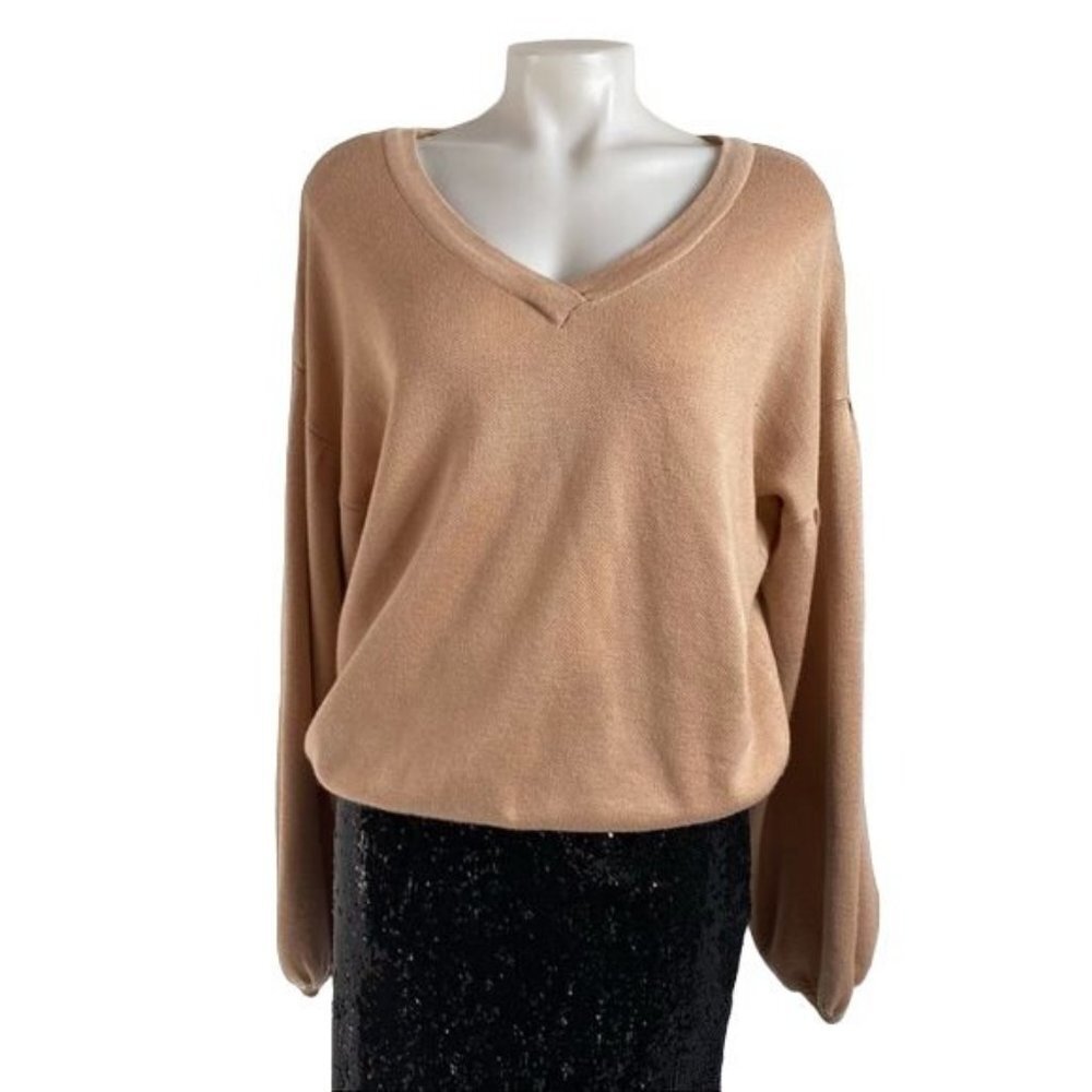 Poof! New York Oversized Mauv Crop Balloon Sleeve V=Neck Sweater Size L - Picture 1 of 12